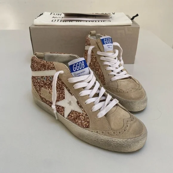Golden Goose Mid Star Sneaker Rose Gold Glitter/Beige Leather/Suede 39 New Box - Picture 12 of 15